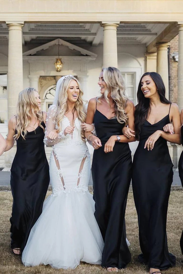 Simple Black Bridesmaid Dress Beach Satin Spaghetti Straps Cowl Neck US20W / Custom color Simple Black Bridesmaid Dress Beach Satin Spaghetti Straps Cowl Neck US20W / Custom color