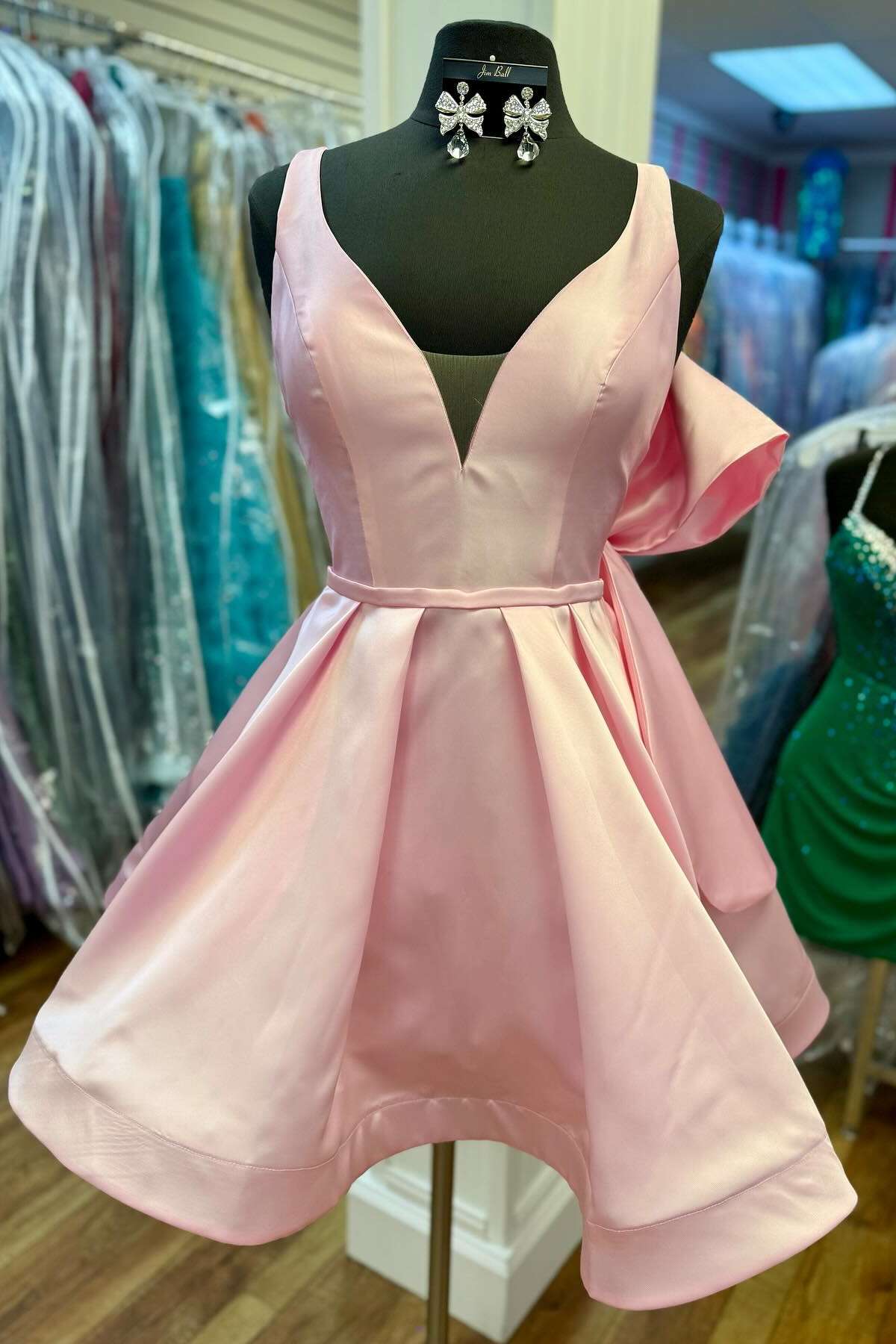 Simple Pink Satin Homecoming Dress A Line with Bow US2 / Pink Simple Pink Satin Homecoming Dress A Line with Bow US2 / Pink