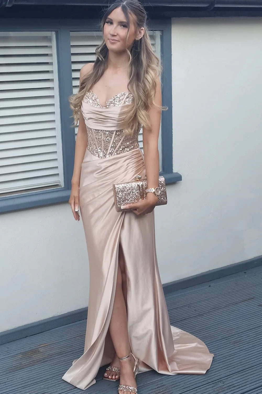 Sparkly Champagne Prom Dresses Sequin Satin Pleated Formal Gown with Slit Champagne / US0 Sparkly Champagne Prom Dresses Sequin Satin Pleated Formal Gown with Slit Champagne / US0