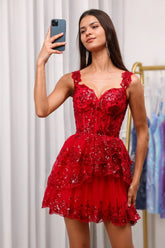 Sparkly Corset Red Homecoming Dress Tiered A-Line