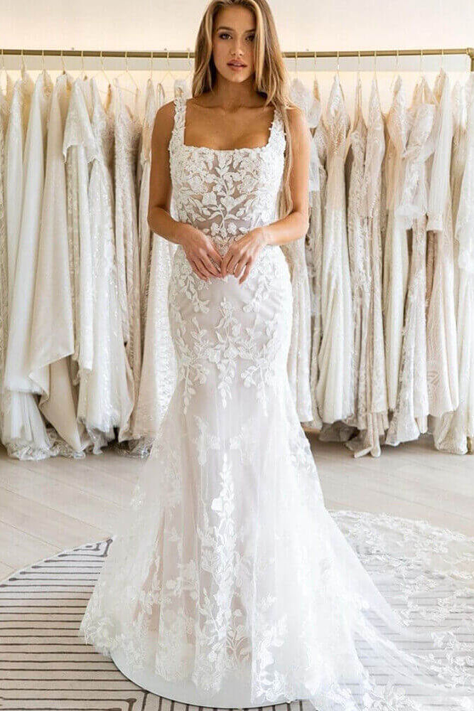 Elegant Mermaid Square Neck Lace Wedding Dress with Appliques US10 / White Elegant Mermaid Square Neck Lace Wedding Dress with Appliques US10 / White