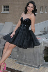 Strapless Black Short Homecoming Dress Mirror-Cut Sequins Mychicdress
