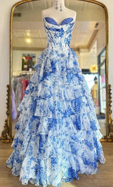 Strapless Blue Floral Print Prom Dress Chiffon Long with Ruffle Skirt Mychicdress