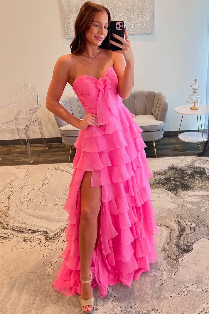 Strapless Chiffon 2025 Tiered Ruffle Prom Dress Pink Keyhole Pink / US4 Strapless Chiffon 2025 Tiered Ruffle Prom Dress Pink Keyhole Pink / US4