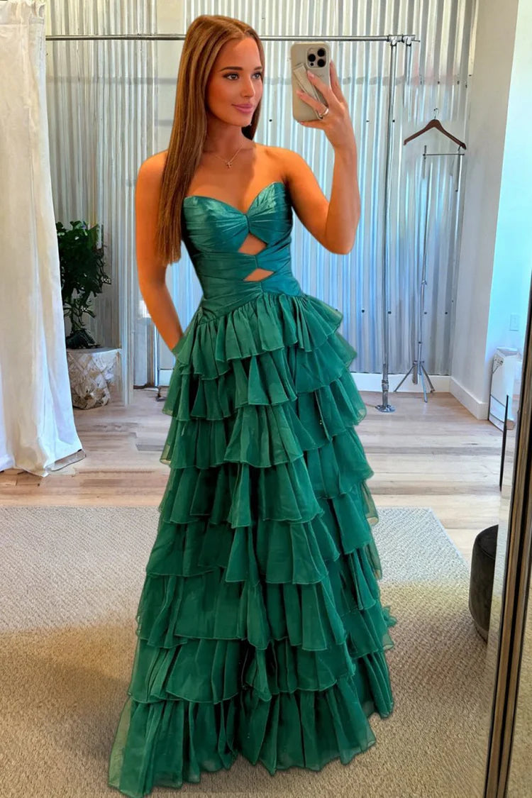 2026 Strapless Emerald Green Prom Dresses Ruffled Chiffon With Cutout MyChicDress 2026 Strapless Emerald Green Prom Dresses Ruffled Chiffon With Cutout MyChicDress