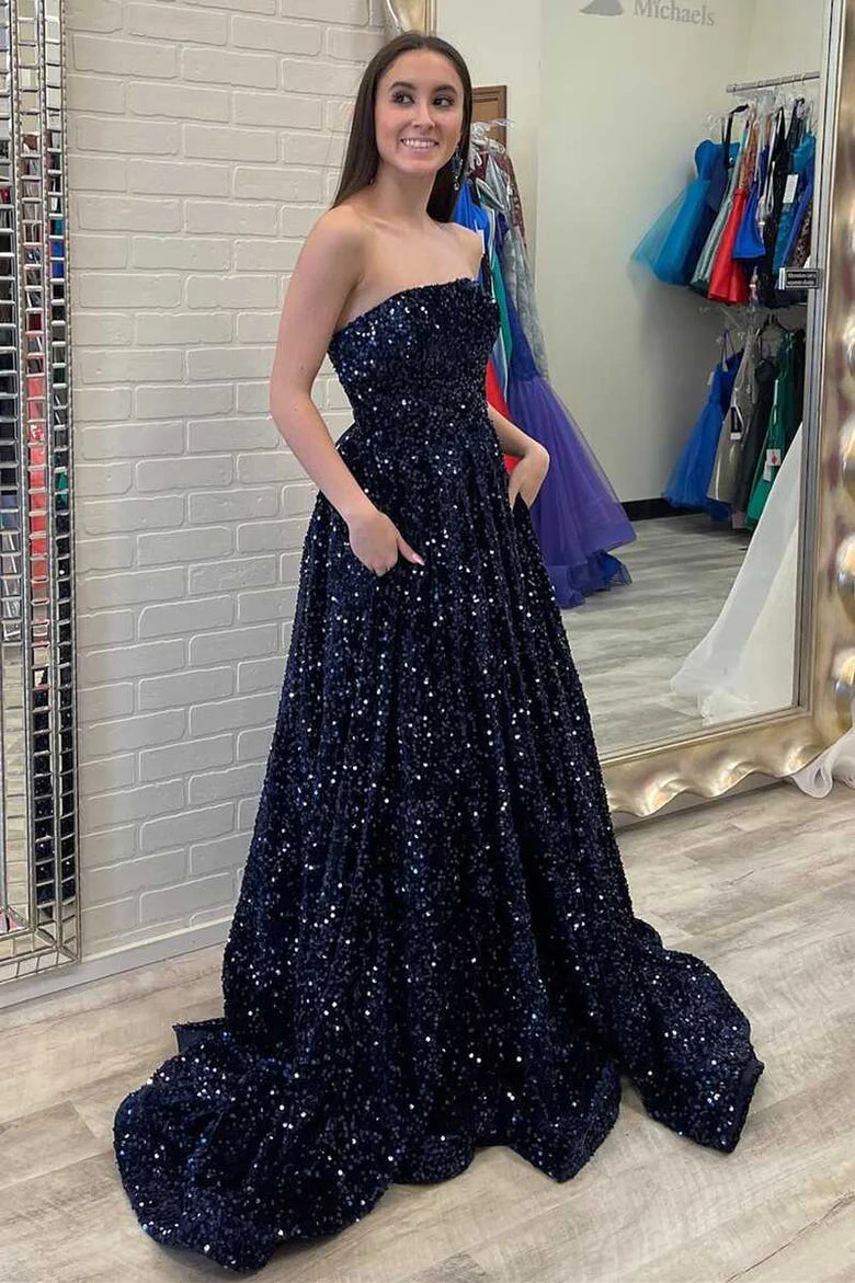 Strapless Glitter Navy Blue Prom Formal Dress A Line Long Navy Blue / US14 Strapless Glitter Navy Blue Prom Formal Dress A Line Long Navy Blue / US14