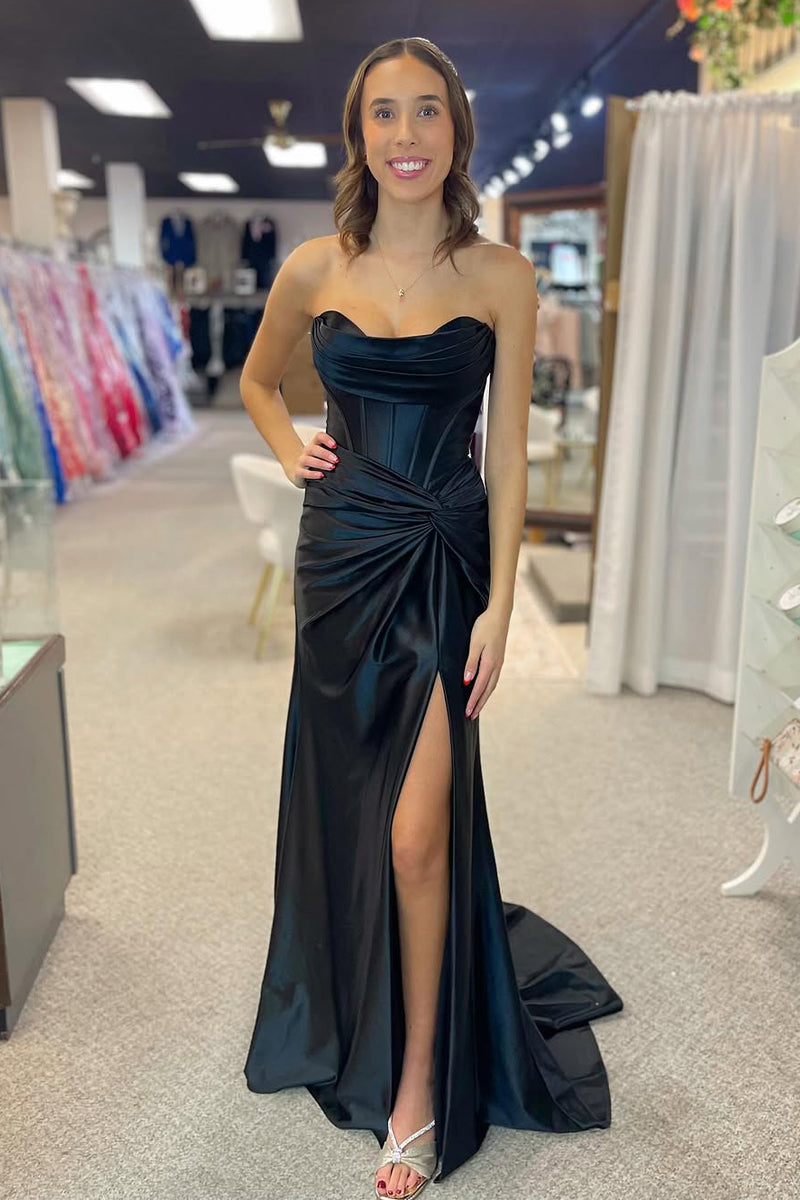 Strapless Prom Dress Black Satin Mermaid Sweetheart Lace up Back