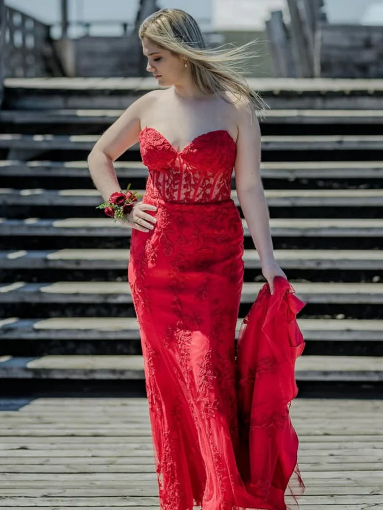 Strapless Red Prom Dresses Lace Sweetheart Long Evening Dress – MyChicDress