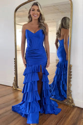 Royal blue strapless formal dress with ruffled layers