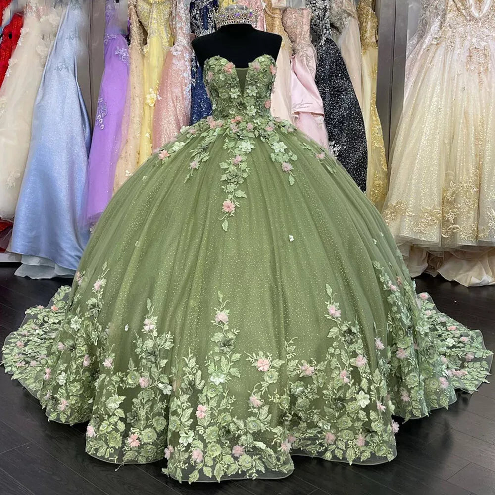 Strapless Sage Green Quinceanera Dress Sweet 16 Dress Pink Flowers Sage Green / US14W Strapless Sage Green Quinceanera Dress Sweet 16 Dress Pink Flowers Sage Green / US14W