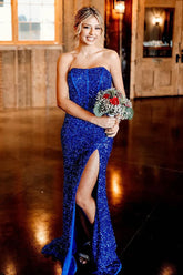 Strapless Sequins Royal Blue Prom Dress Mermaid Long Formal Gown