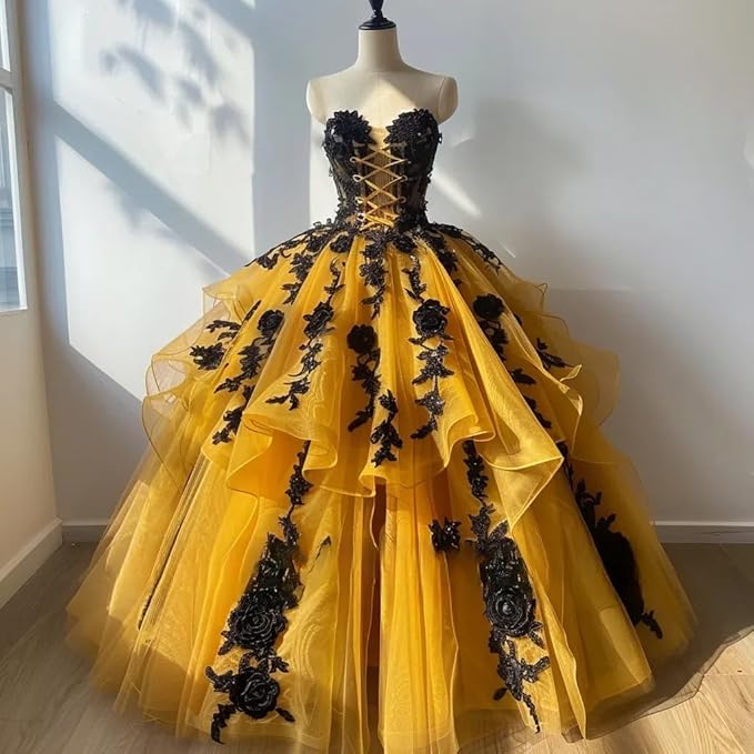 Strapless Yellow Gothic Quinceanera Dresses with Black Floral Lace US20W / Custom color Strapless Yellow Gothic Quinceanera Dresses with Black Floral Lace US20W / Custom color