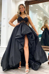 Straps Black Hi-Low Wedding Dress Lace Appliques Satin Prom Dress Mychicdress