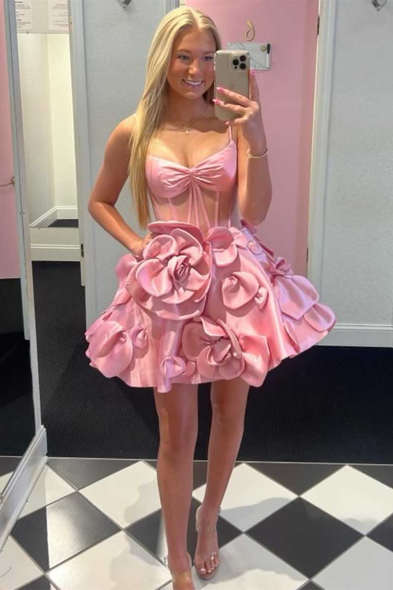 Straps Corset Pink Homecoming Dress Short with Rosette MyChicDress Straps Corset Pink Homecoming Dress Short with Rosette MyChicDress
