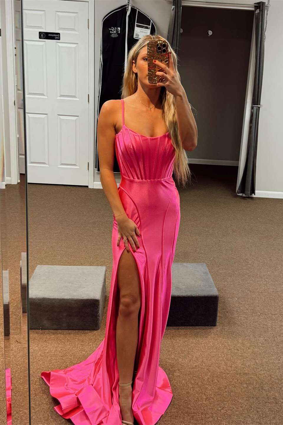 Straps Hot Pink Prom Dress Corset Long Fitted Formal Dress with Slit Straps Hot Pink Prom Dress Corset Long Fitted Formal Dress with Slit