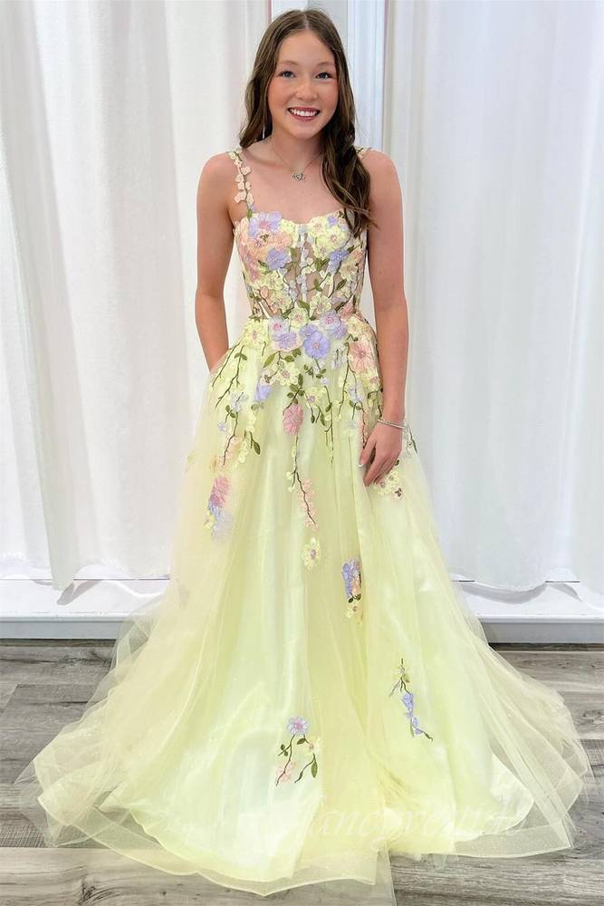 Straps Yellow Embroidery Floral Prom Dress Applique Tulle Yellow / US6 Straps Yellow Embroidery Floral Prom Dress Applique Tulle Yellow / US6