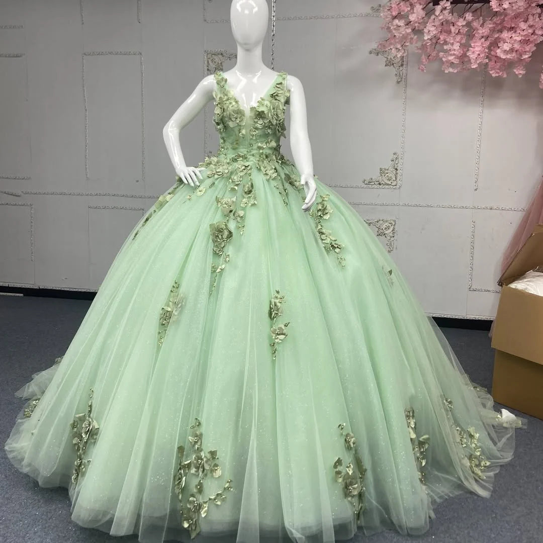 Sweet 16 Dress Strapless V Neck Quinceanera Dress Sage Green Appliques Custom color / US0