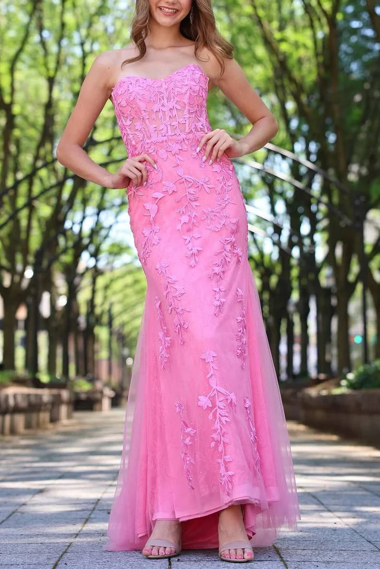 pink lace strapless dress Mermaid Strapless Lace Long Prom Dress with Slit, Yellow / 10