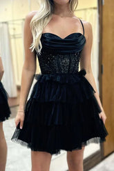 Tiered Beaded Homecoming Dress Corset Black A-Line Mychicdress