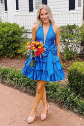 Tiered Halter Red Homecoming Dress V-Neck Backless Satin Mychicdress