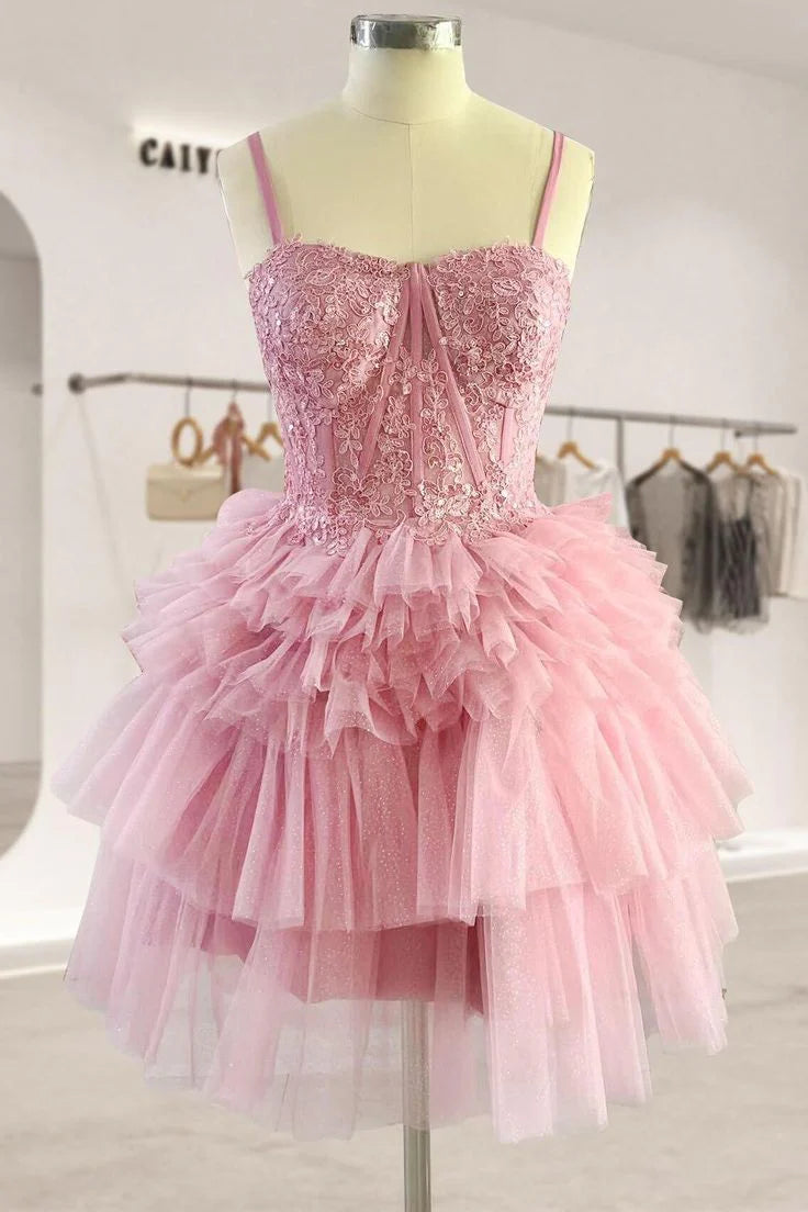 Tiered Pink Lace Mini Homecoming Dress Ruffle Short Party Dress US14W / Pink Tiered Pink Lace Mini Homecoming Dress Ruffle Short Party Dress US14W / Pink