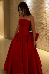 UK Strapless Red Evening Dress A Line Long with Bowknot Mychicdress