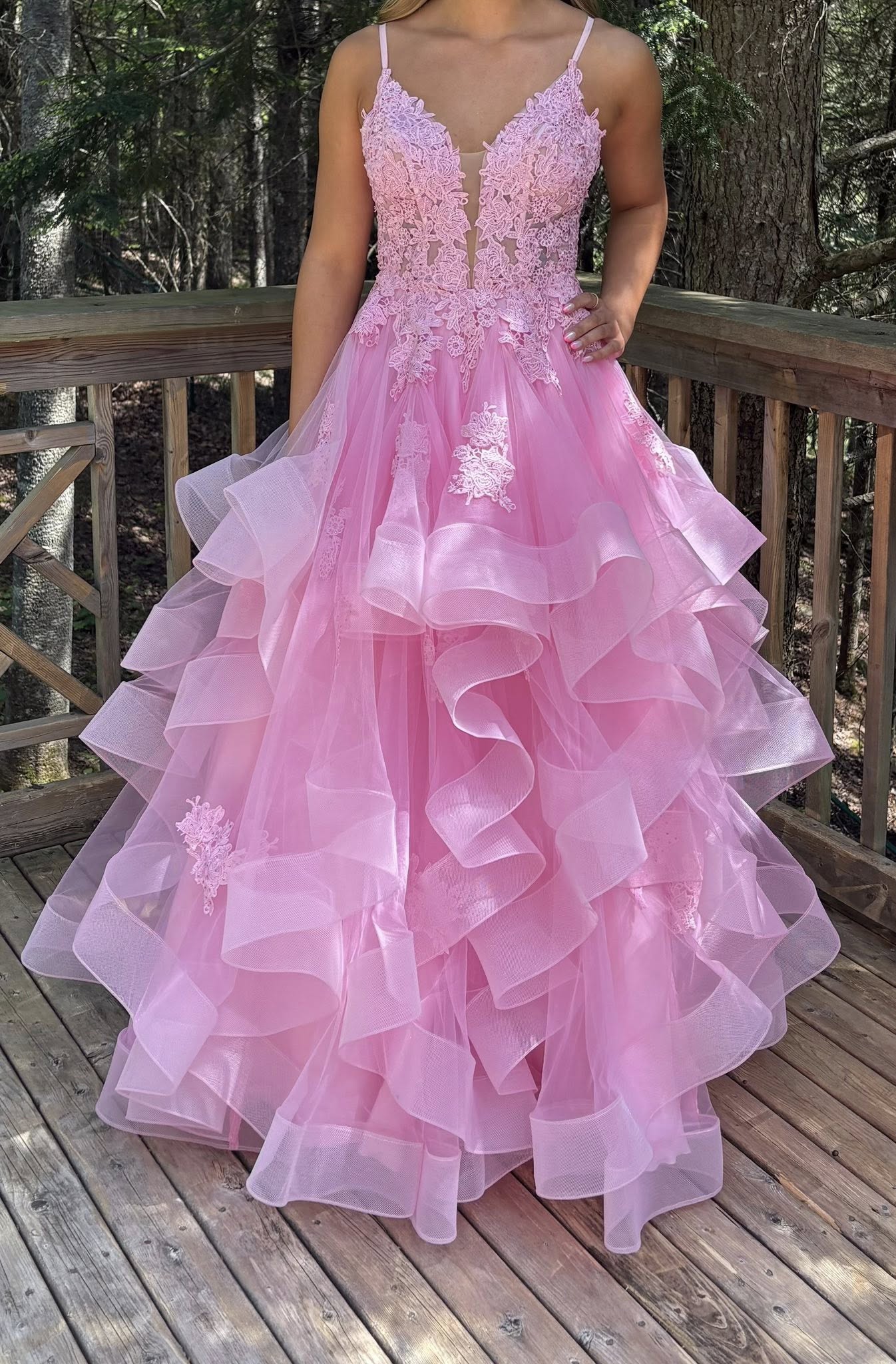 Unique A Line Puffy Pink Prom Dress 2026 Lace Formal Dress V Neck Pink / US8 Unique A Line Puffy Pink Prom Dress 2026 Lace Formal Dress V Neck Pink / US8