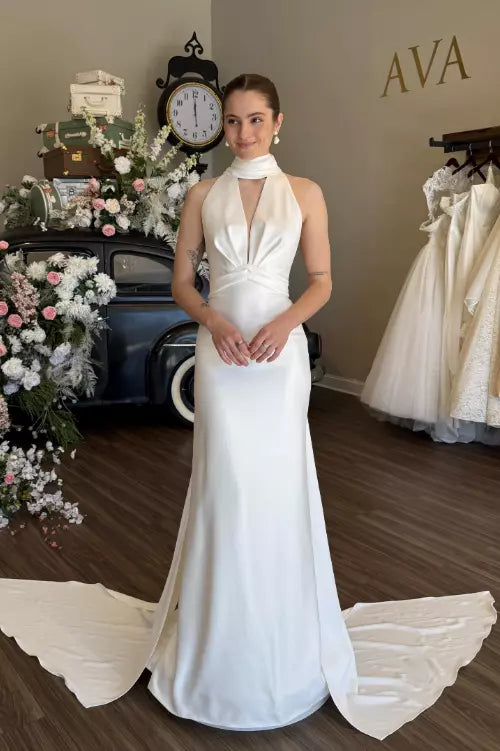 Unique Beach Halter Satin Wedding Dresses Sleeveless White / US16W Unique Beach Halter Satin Wedding Dresses Sleeveless White / US16W