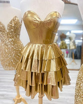 Unique Gold Metallic Homecoming Dress Strapless with Ruffle