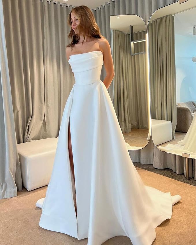 ruching wedding dress strapless Ivory Strapless Tulle Wedding Dress Ruched Minimalist Bridal Gown w0144 Custom Colors / US16