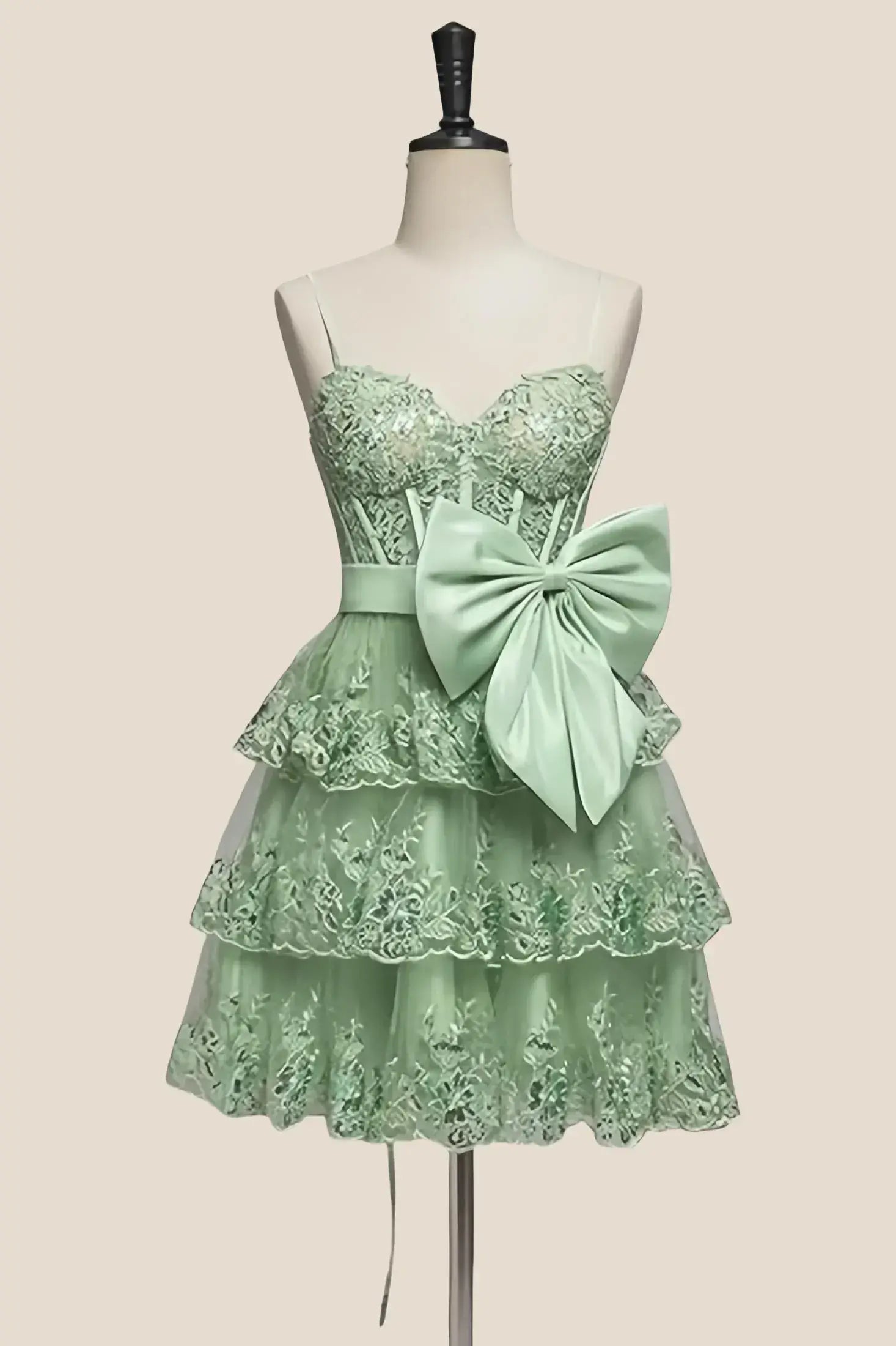 Unique Short Sage Green Homecoming Dress Tiered Appliques with Bow Sage Green / US8