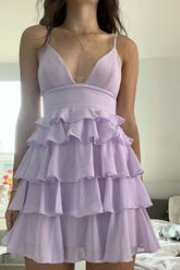 V-Neck Lilac Homecoming Dress  Short Spaghetti Straps
