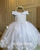 Mychicdress White Pageant Girl Dresses Pearls Lace Flower Girl Dress Sleeveless