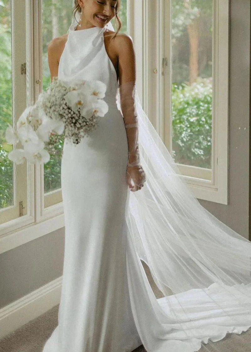 White Satin Casual Beach Wedding Dresses Halter Mermaid US0 / White White Satin Casual Beach Wedding Dresses Halter Mermaid US0 / White