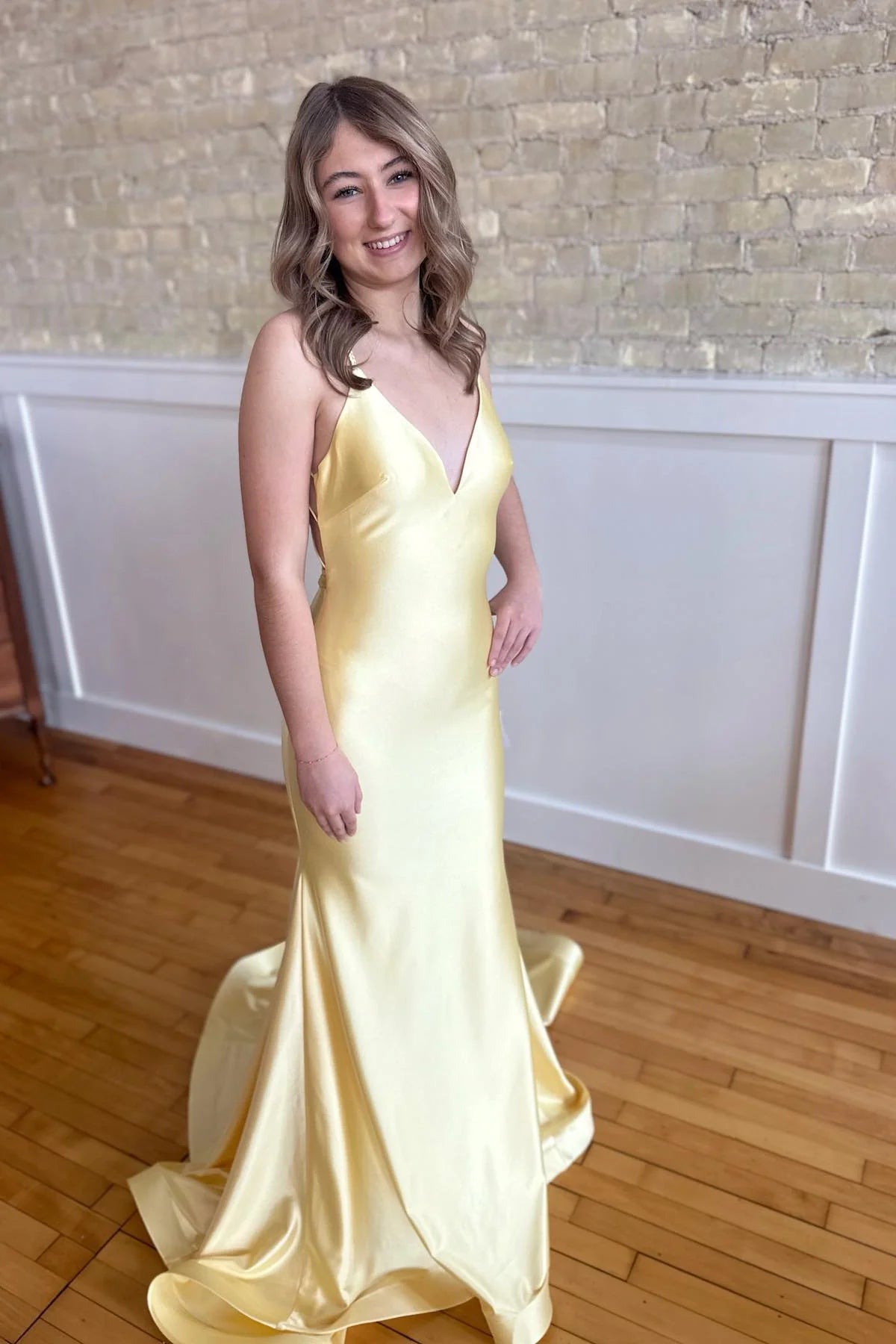 Yellow Mermaid Formal Dress for Wedding Guests Criss-cross Back Yellow / US2 Yellow Mermaid Formal Dress for Wedding Guests Criss-cross Back Yellow / US2