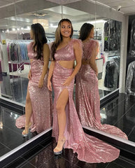 2024 Blush Pink Sequins Prom Dresses Mermaid Evening Dress One Shoulder