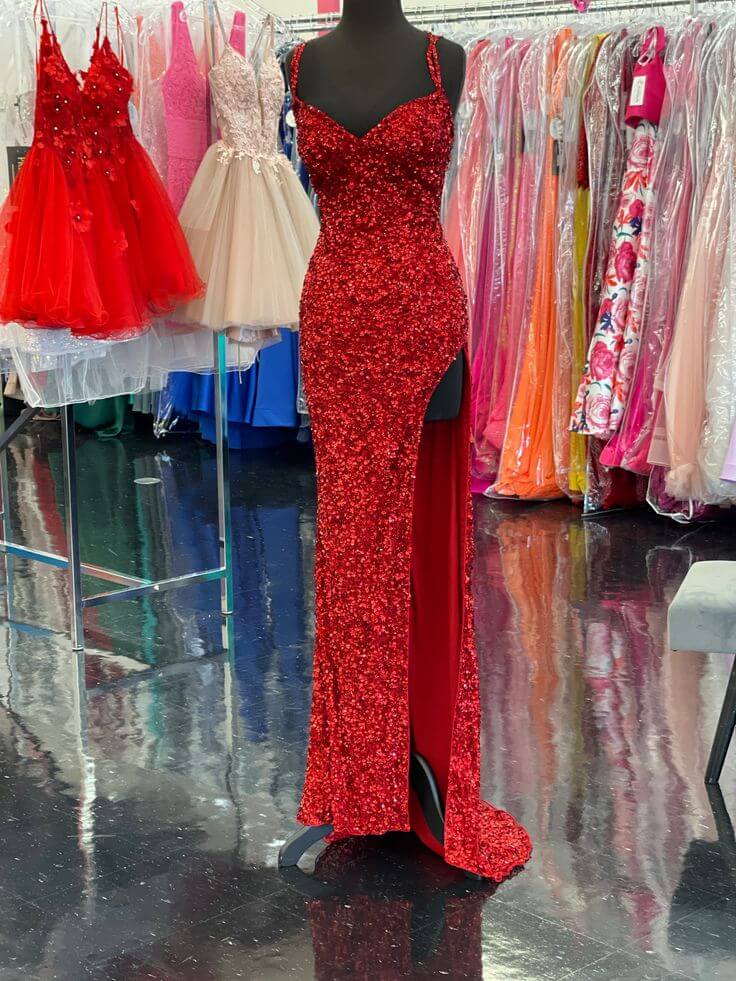 2025 High Slit Sequin Red Prom Dresses Long V Neckline Mermaid Evening Dress Red / US12 2025 High Slit Sequin Red Prom Dresses Long V Neckline Mermaid Evening Dress Red / US12