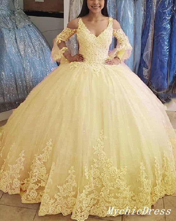 Ball Gown Lace Yellow Quince Dresses Cheap Long Sleeves Tulle Sweet 16 MyChicDress Ball Gown Lace Yellow Quince Dresses Cheap Long Sleeves Tulle Sweet 16 MyChicDress