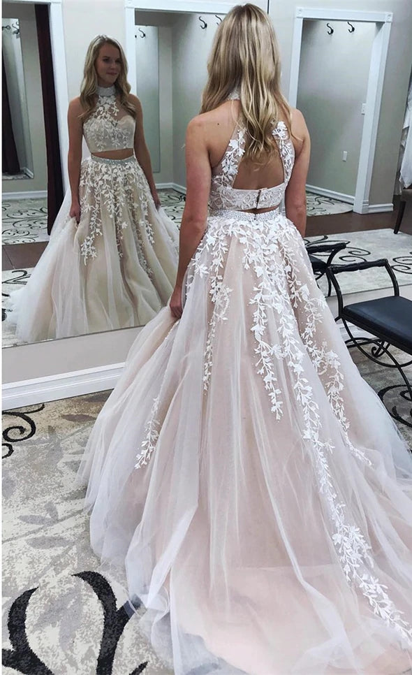 2025 Champagne Two Piece Prom Dresses UK High Neck Lace Evening Dress Pink / US4 2025 Champagne Two Piece Prom Dresses UK High Neck Lace Evening Dress Pink / US4