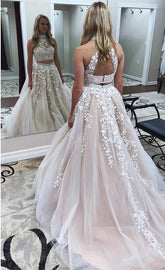 2025 Champagne Two Piece Prom Dresses UK High Neck Lace Evening Dress MyChicDress