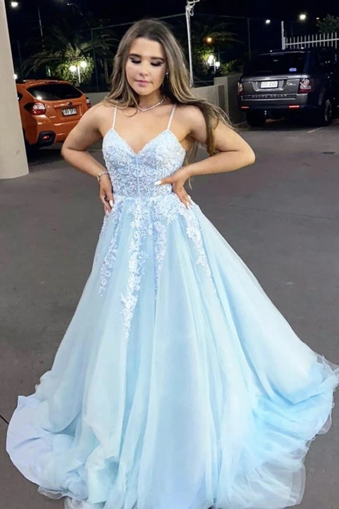 2025 Light Blue Prom Dresses V Neck Appliques Lace Evening Dress Custom Color / US4 2025 Light Blue Prom Dresses V Neck Appliques Lace Evening Dress Custom Color / US4