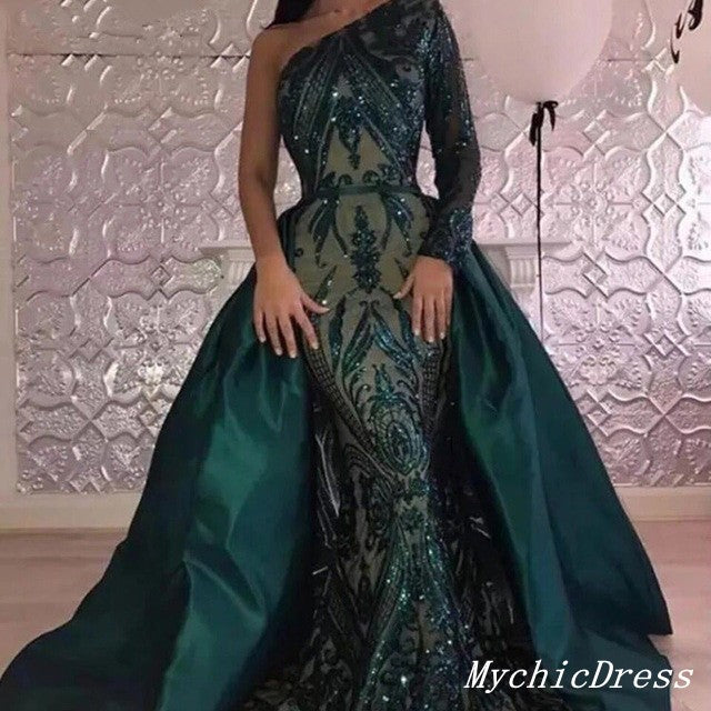 2025 Long Lace one Shoulder Prom Dresses Emerald Green UK Detachable Train Emerald Green / US14 2025 Long Lace one Shoulder Prom Dresses Emerald Green UK Detachable Train Emerald Green / US14