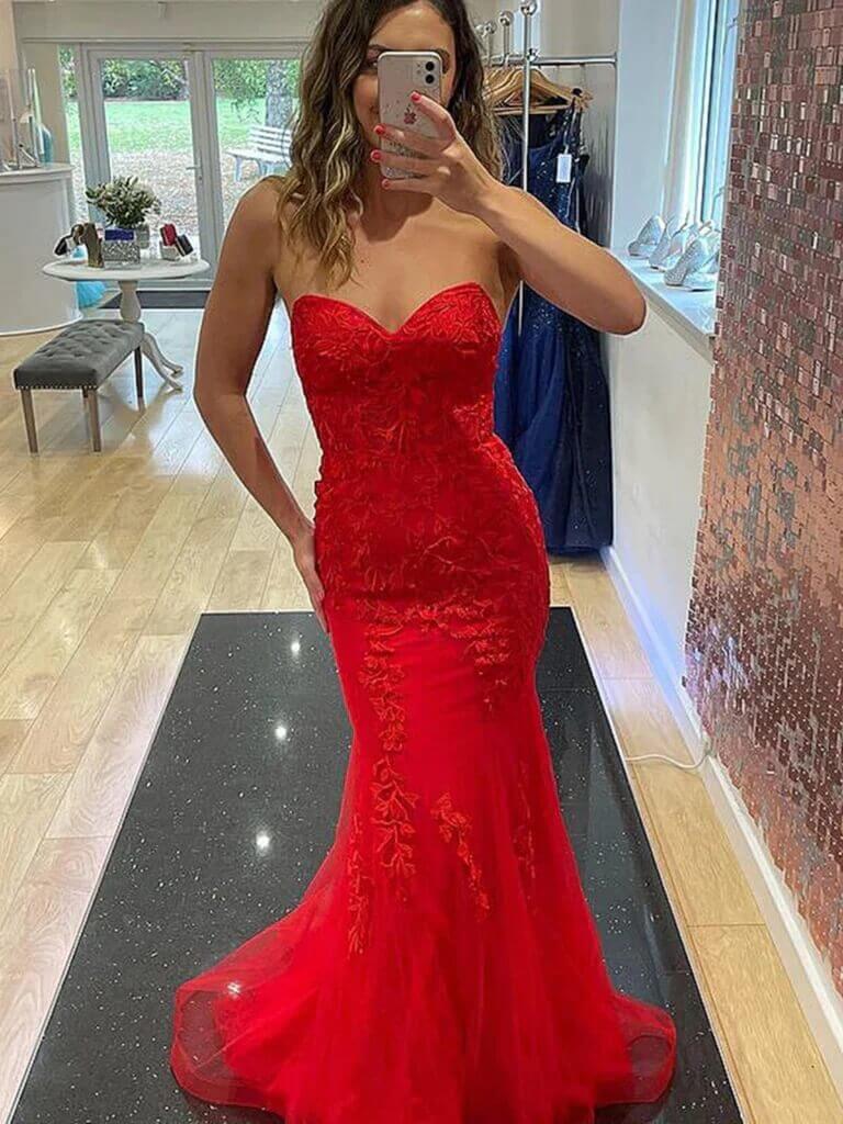 2025 Long Red Lace Prom Dresses Strapless Sweetheart Mermaid UK Formal Dress Custom Color / Custom Size 2025 Long Red Lace Prom Dresses Strapless Sweetheart Mermaid UK Formal Dress Custom Color / Custom Size