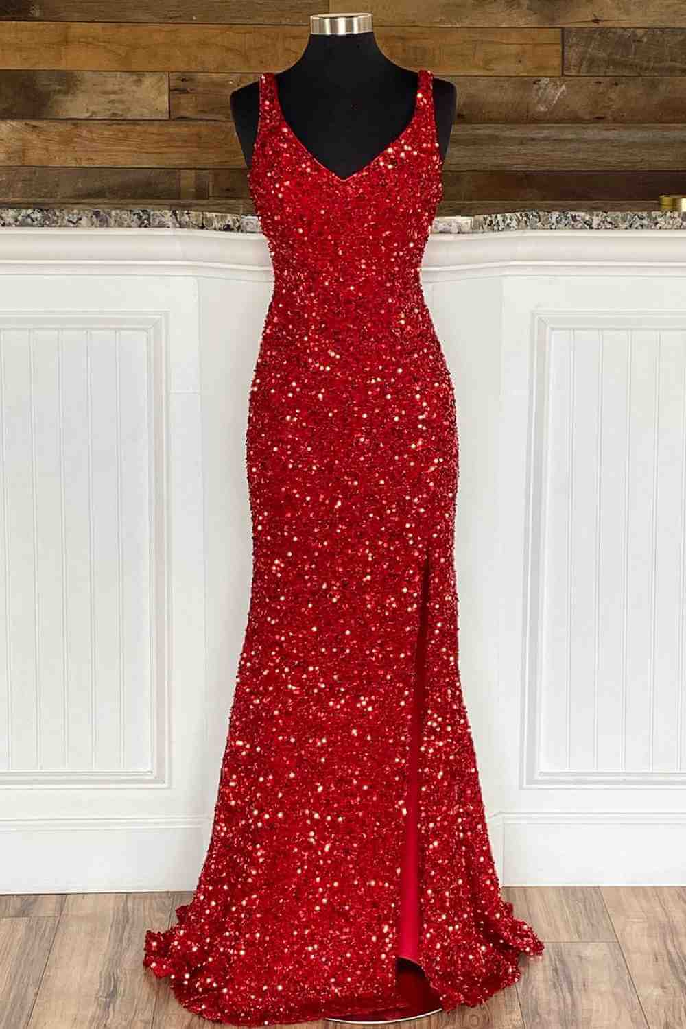 affordable long prom dresses Red Mermaid Cheap Long Prom Gowns Side Slit V-Neck Formal Evening Dres – MyChicDress