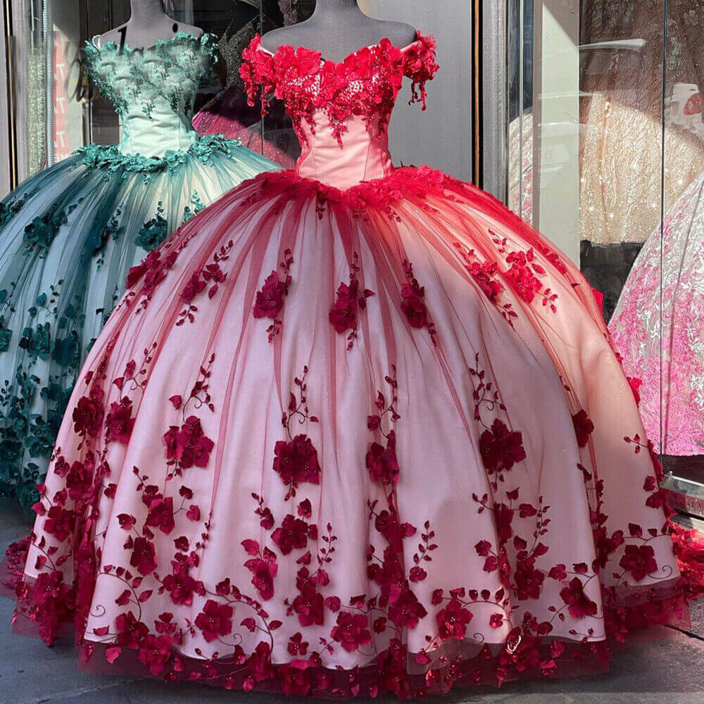 Red Quinceanera Dresses Off The Shoulder 3D Flowers Sweet 16 Party Dress US6 / Black Red Quinceanera Dresses Off The Shoulder 3D Flowers Sweet 16 Party Dress US6 / Black