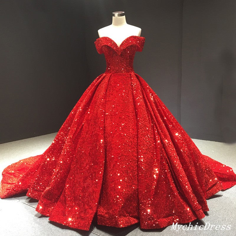 2025 Sparkly Red Ball Gown Wedding Dresses Sequin Off the Shouder Quince Dress Red / US6 2025 Sparkly Red Ball Gown Wedding Dresses Sequin Off the Shouder Quince Dress Red / US6