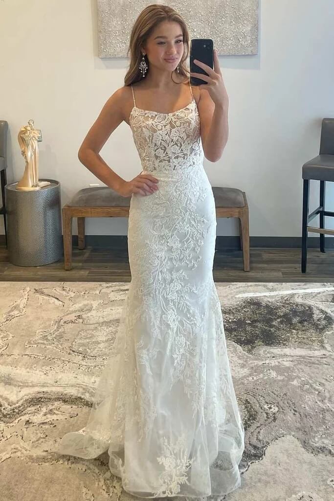 2025 White Lace Prom Dresses Square Neck Long Backless Mermaid Formal Dress UK White / US16 2025 White Lace Prom Dresses Square Neck Long Backless Mermaid Formal Dress UK White / US16