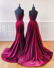 Floor Length Long Satin Burgundy Prom Dresses 2024 with Split