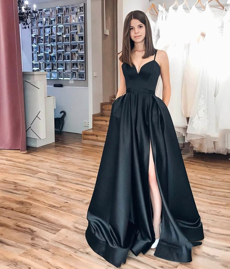 A Line 2025 Black Prom Dresses V Neck Evening Gown Spaghetti Strap Black / US4 A Line 2025 Black Prom Dresses V Neck Evening Gown Spaghetti Strap Black / US4
