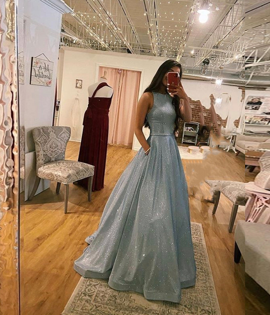A Line 2025 Glitter Metallic Blue Prom Dresses with Pockets Custom Color / US14 A Line 2025 Glitter Metallic Blue Prom Dresses with Pockets Custom Color / US14